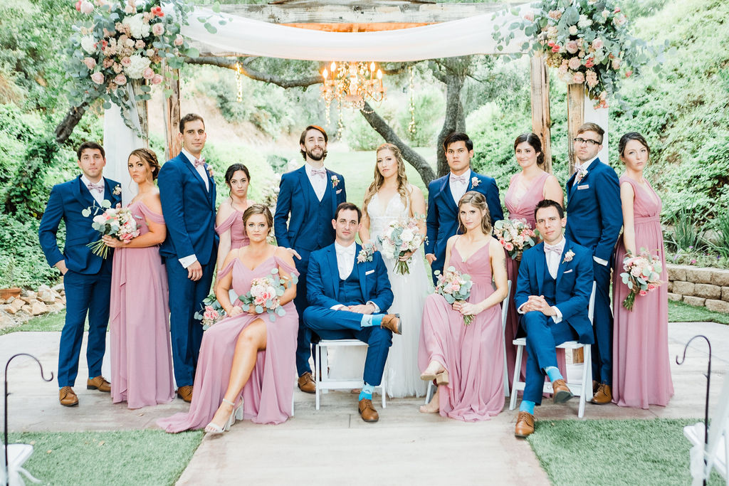 A wedding party posing outdoors under a floral arch; bridesmaids wear pink dresses, groomsmen wear blue suits, and the bride and groom sit at the center.