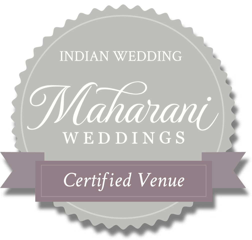 A grey and lavender badge with the text "Indian Wedding Maharani Weddings Certified Venue.
