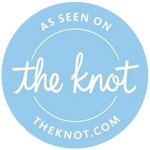 Light blue circular badge with the white text "As seen on the knot" and "theknot.com" written in the center and around the edge.