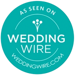 A teal circular badge with the text "As Seen On WeddingWire" and "weddingwire.com" around a stylized graphic of three flowers.